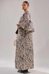 METALLIC PUFF SLEEVE BROCADE DUSTER IN SILVER