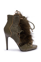 AZALEA WANG SHAINY OLIVE FUR SANDAL