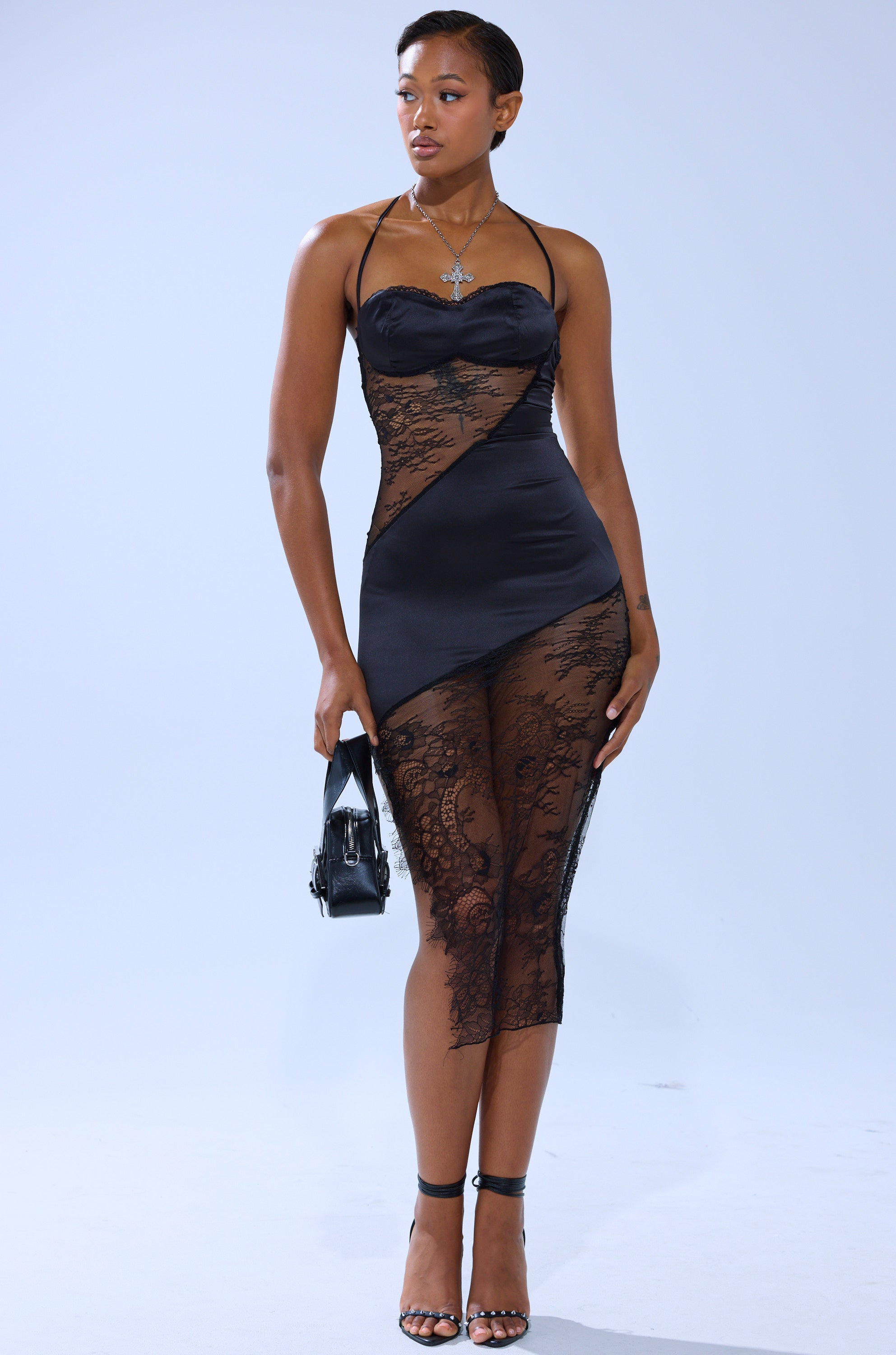 FEELIN MYSELF LACE CUTOUT MIDI DRESS