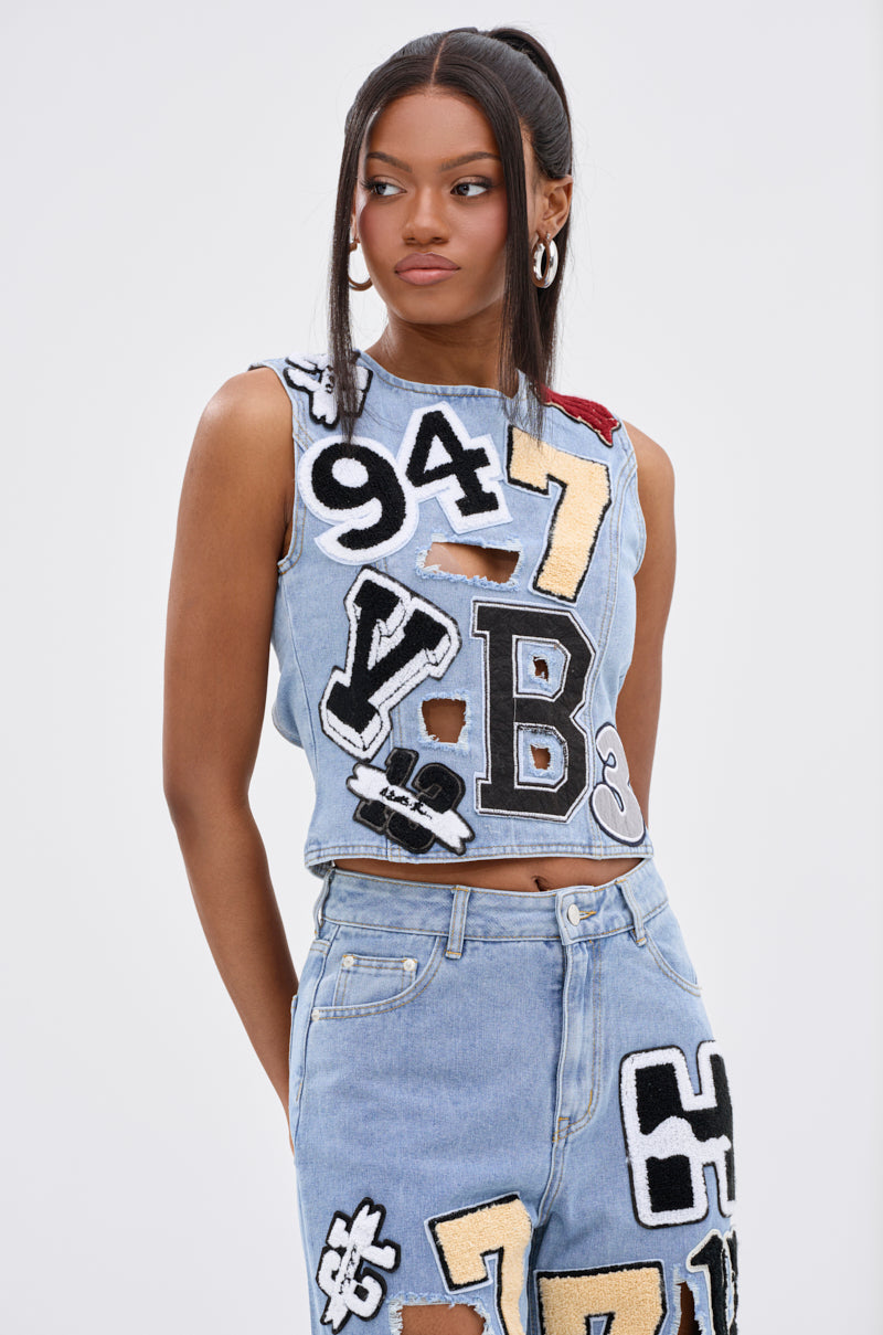 PATCH DENIM BLOUSE TOP WITH OPEN BACK
