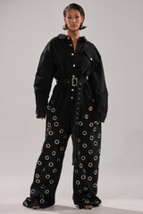 PLAY YOUR CARDS RIGHT DENIM JUMPSUIT WITH GROMMETS