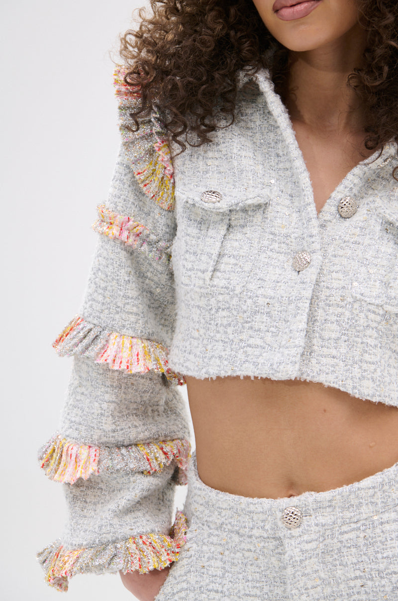 PHOEBE TWEED RUFFLE CROPPED BLAZER