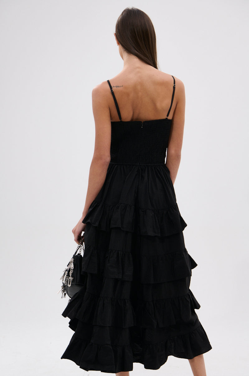 ADDED DRAMA RUFFLED MIDI DRESS IN BLACK