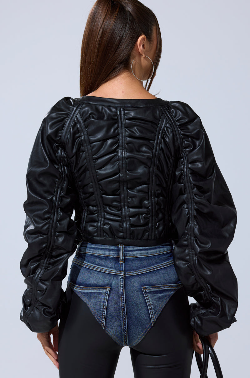 FAUX LEATHER CORSETED MOTO JACKET