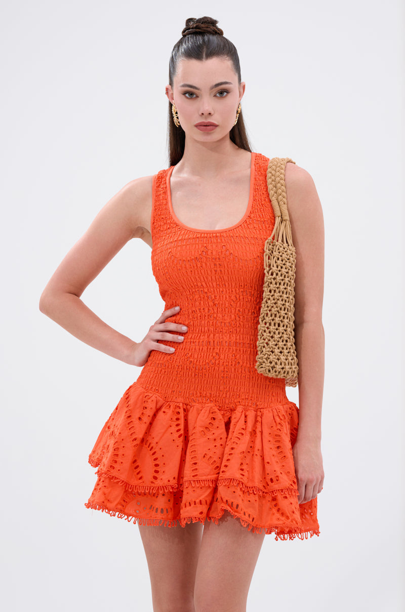 LET'S GO TO THE BEACH RUFFLE MINI DRESS IN ORANGE