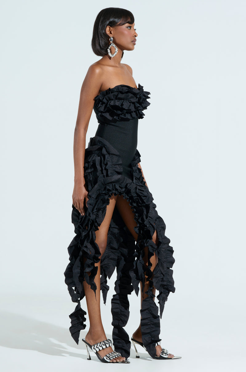 CITY LIGHTS RUFFLE MIDI DRESS