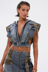 DOWN AND DIRTY DENIM HOODED VEST