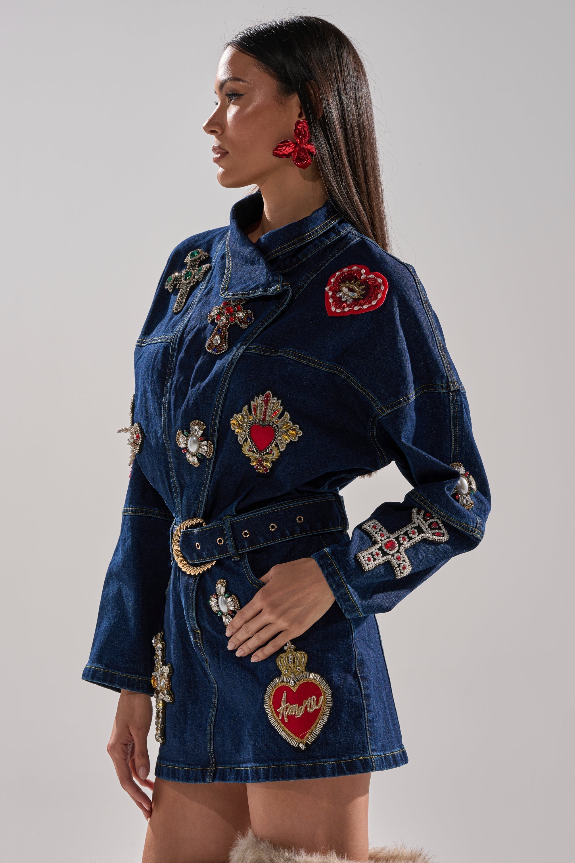 PRETTIEST PROBLEM DENIM PATCHWORK MINI DRESS