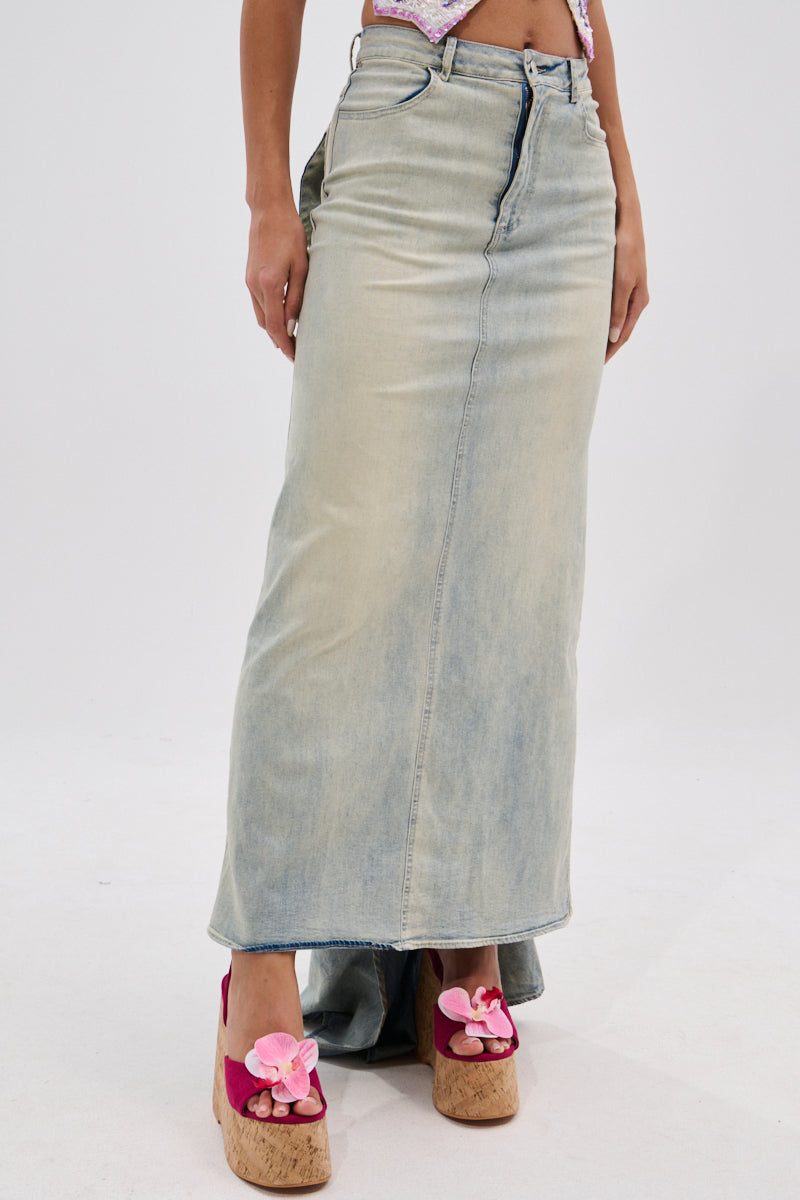 OH THE DRAMA BACK BOW DENIM MAXI SKIRT WITH TRAIN