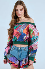 LIFE IS BUT A DREAM OFF THE SHOULDER MULTI PRINT SWEATSHIRT