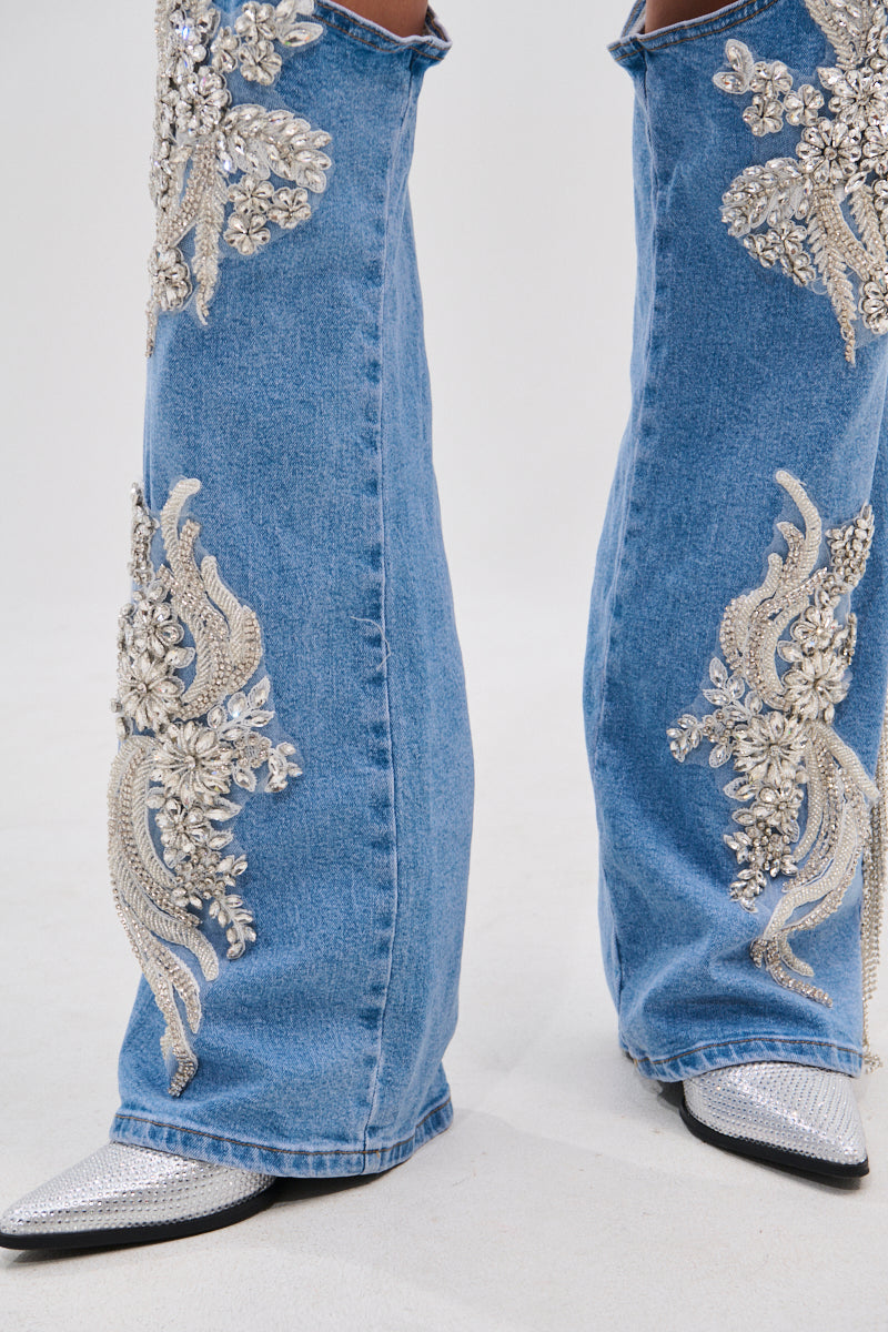 DIVALICIOUS DENIM CHAPS IN LIGHT BLUE