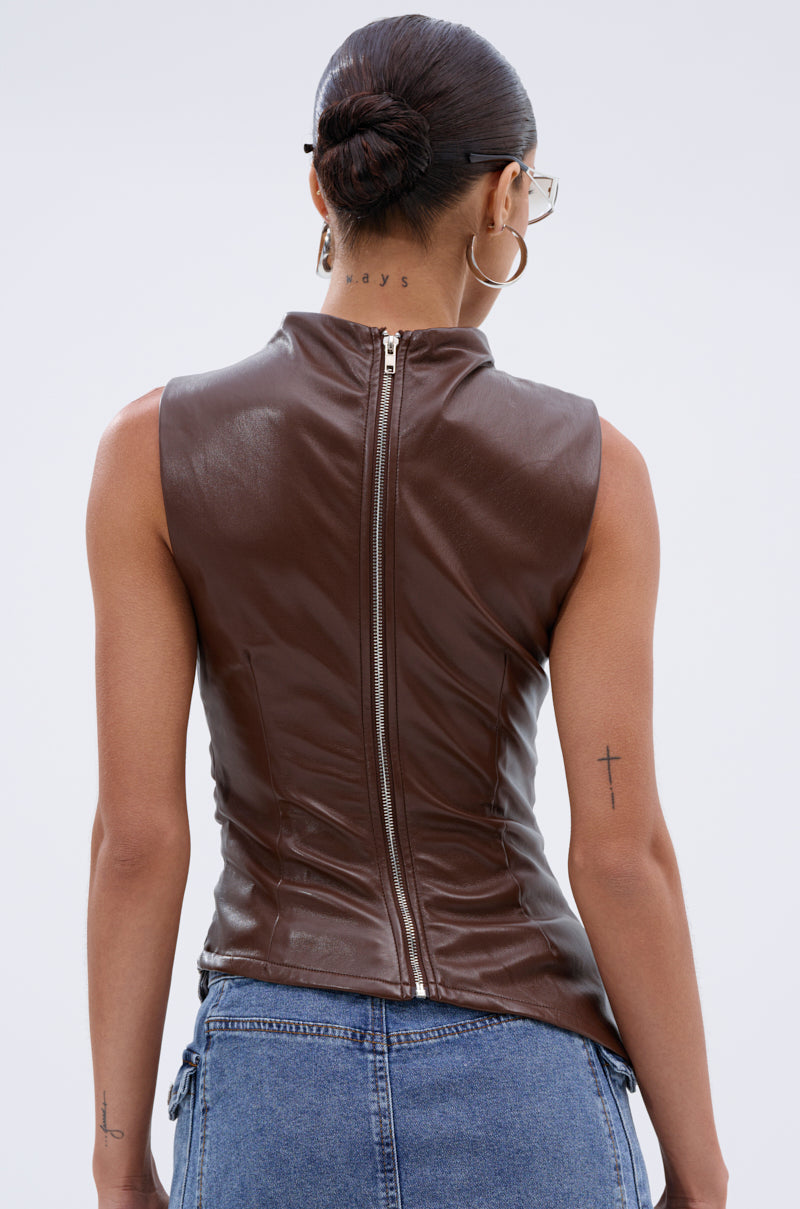 LOCKED AND LOADED FAUX LEATHER BLOUSE IN CHOCOLATE BROWN