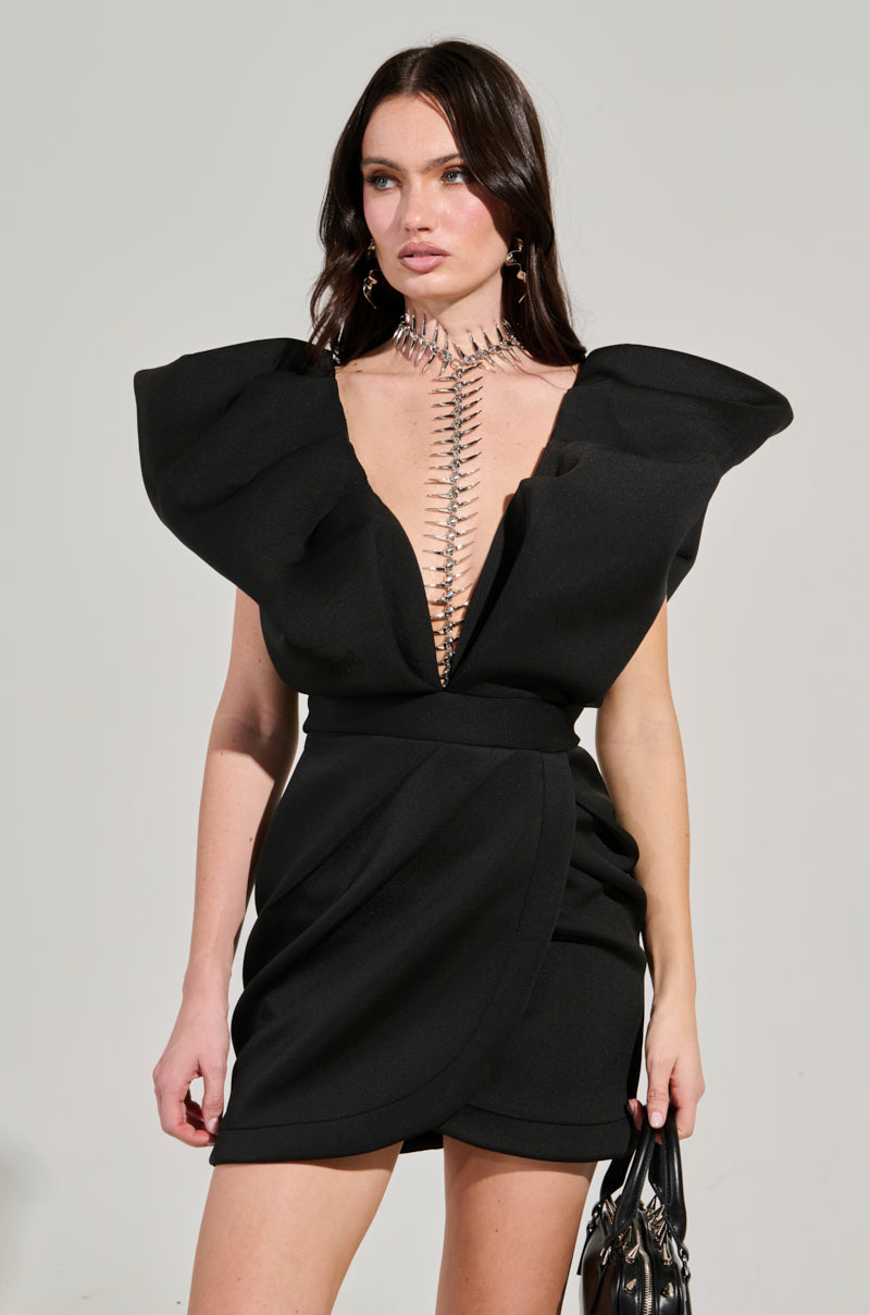 IRREPLACEABLE RUFFLE SLEEVE TULIP HEM MINI DRESS IN BLACK