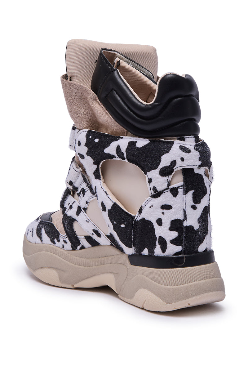 MARANTO BLACK COW PRINT WEDGE SNEAKER