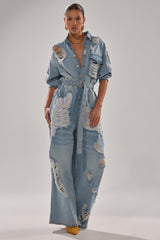 NOT TODAY EXTREME OVERSIZED DISTRESSED DENIM JUMPSUIT