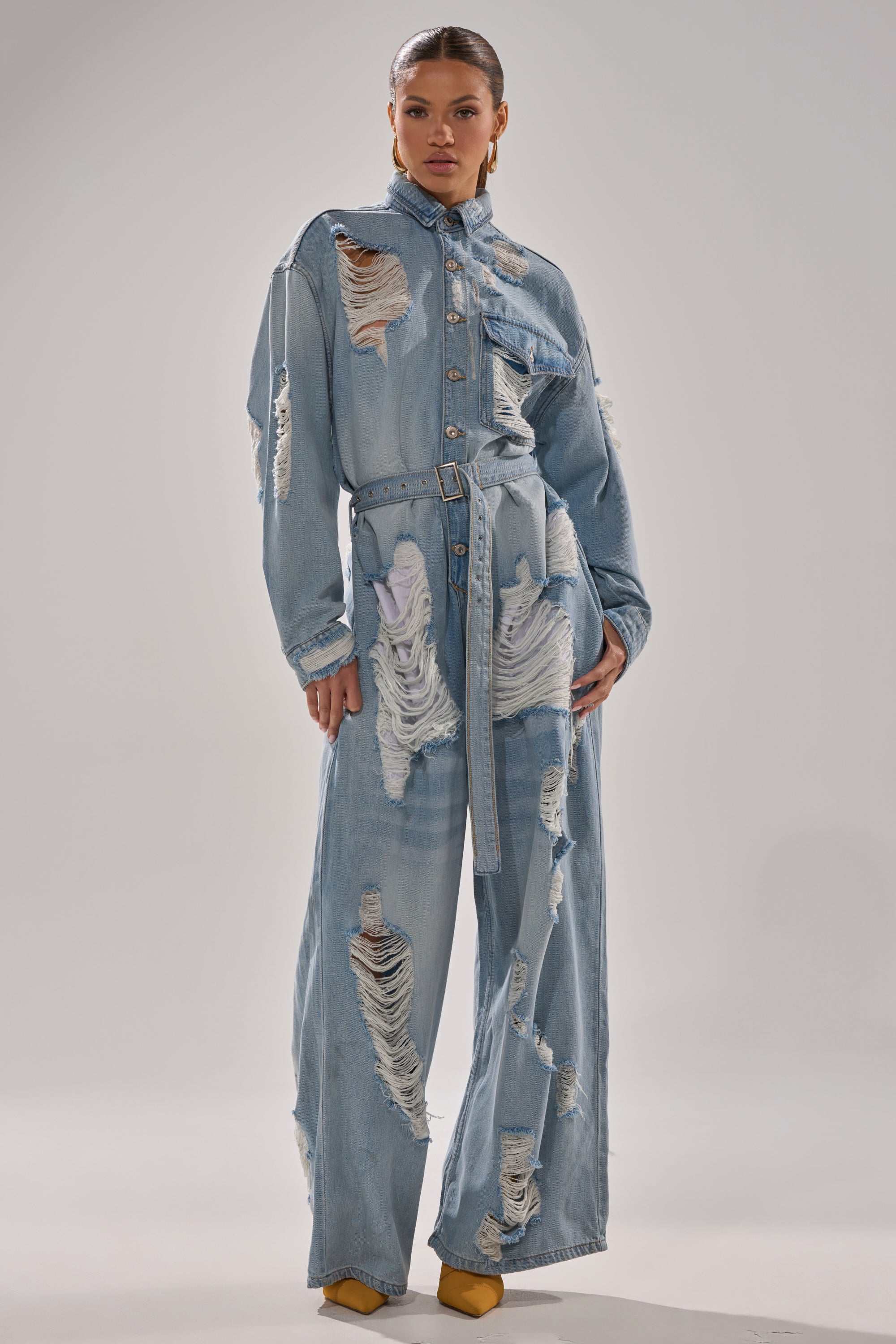 NOT TODAY EXTREME OVERSIZED DISTRESSED DENIM JUMPSUIT