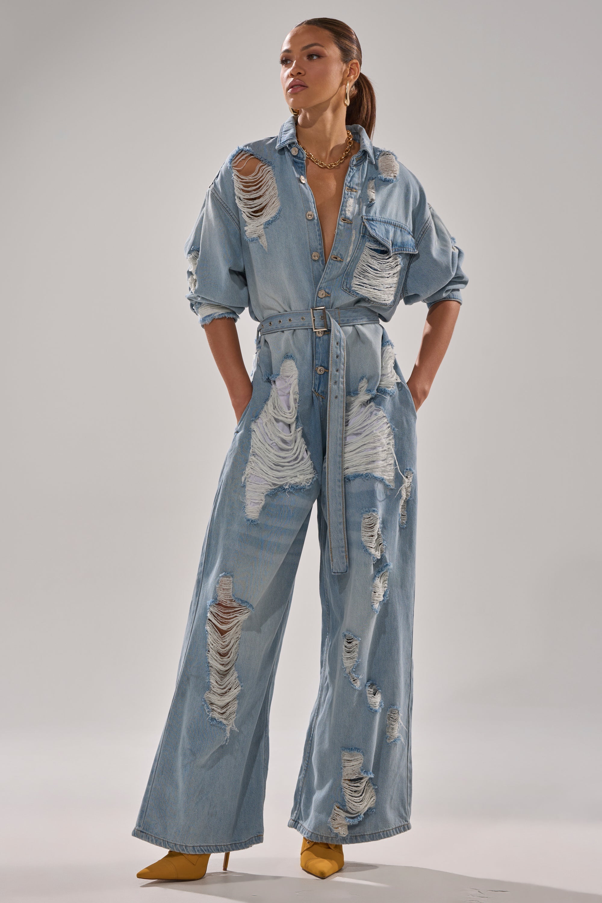 NOT TODAY EXTREME OVERSIZED DISTRESSED DENIM JUMPSUIT