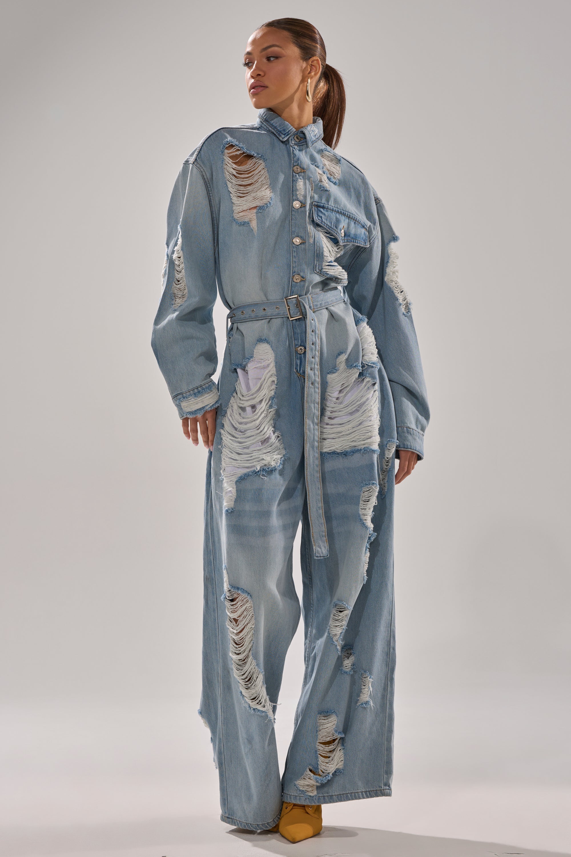 NOT TODAY EXTREME OVERSIZED DISTRESSED DENIM JUMPSUIT
