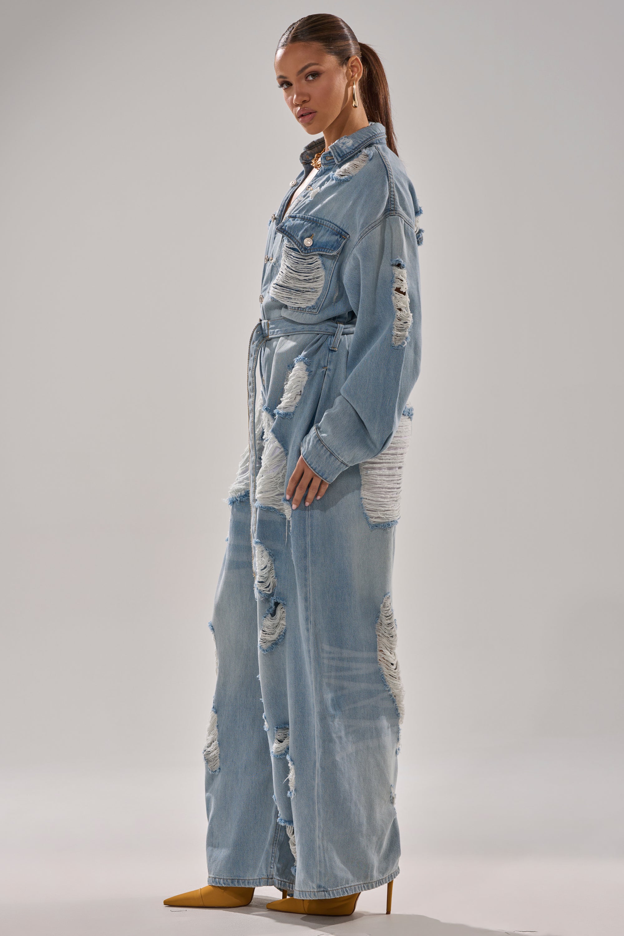 NOT TODAY EXTREME OVERSIZED DISTRESSED DENIM JUMPSUIT