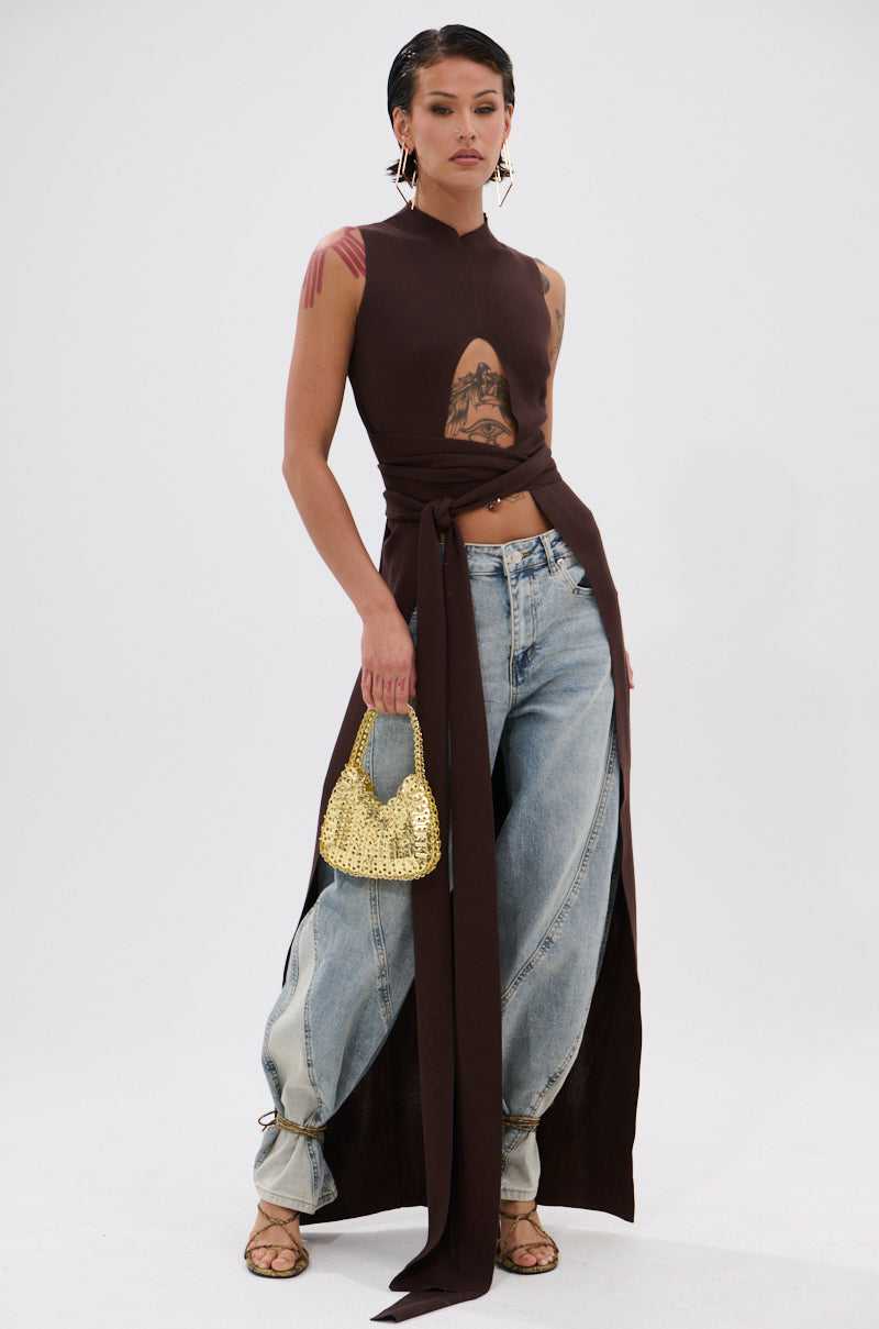 OVER THE TOP CUTOUT SWEATER IN CHOCOLATE BROWN