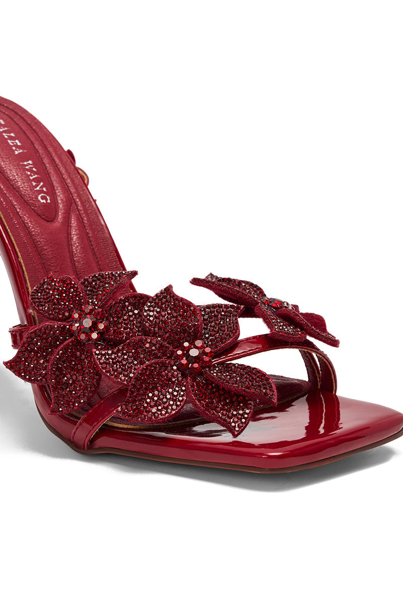 AZALEA WANG ROMI DARK CHERRY RHINESTONE FLORAL EMBELLISHED SANDAL