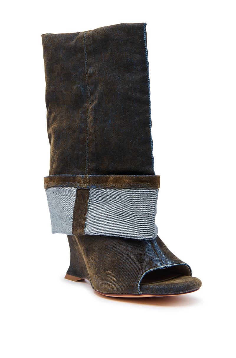 AZALEA WANG TIN BROWN CUFFED WEDGE BOOTIE