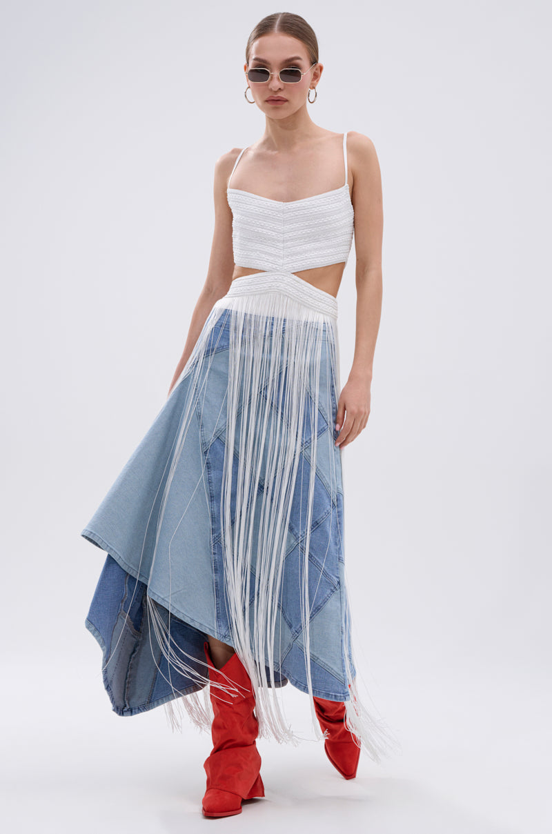 RODEO READY FRINGE MAXI DRESS IN WHITE