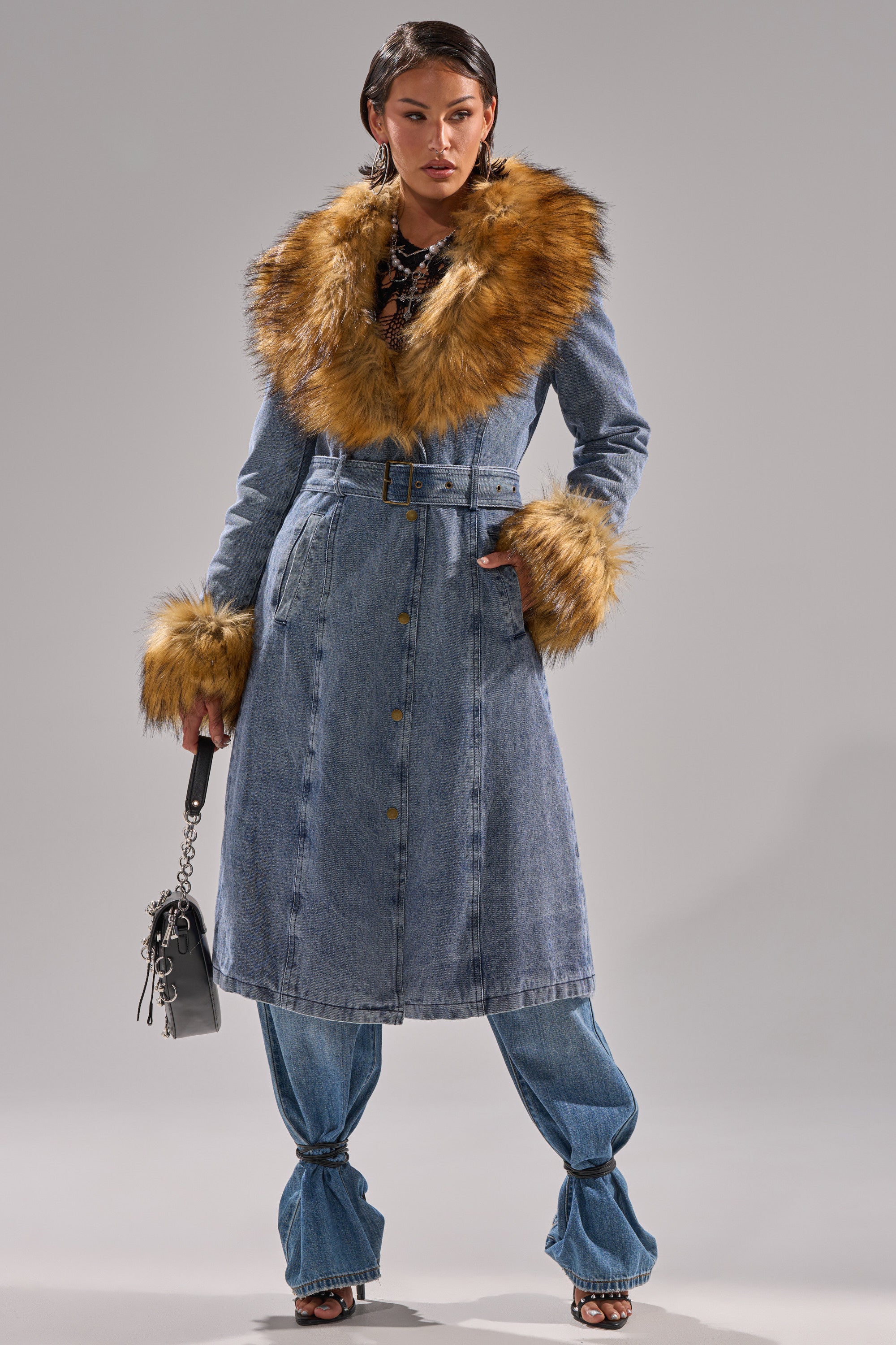 KAYA FUR TRIM DENIM TRENCH
