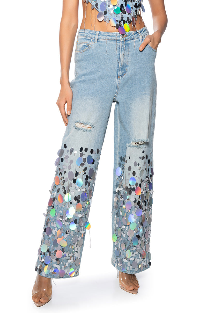 A GIRL NAMED LUCKY EMBELLISHED WIDE LEG RIPPED JEANS