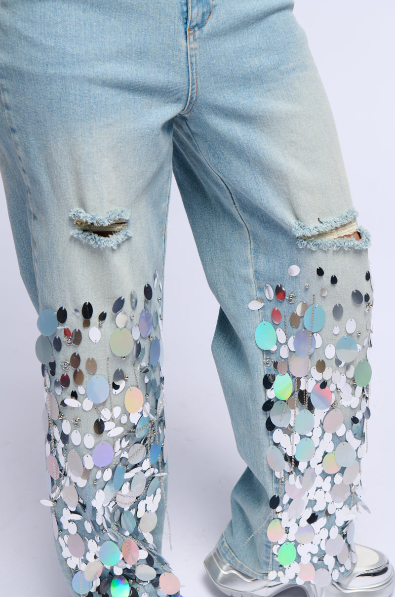 A GIRL NAMED LUCKY EMBELLISHED WIDE LEG RIPPED JEANS
