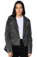 ABOUT THAT TIME DENIM PEPLUM MOTO JACKET