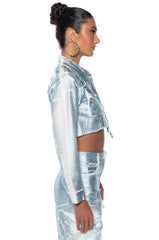 AUBREY BRUSHED METALLIC CROPPED DENIM JACKET