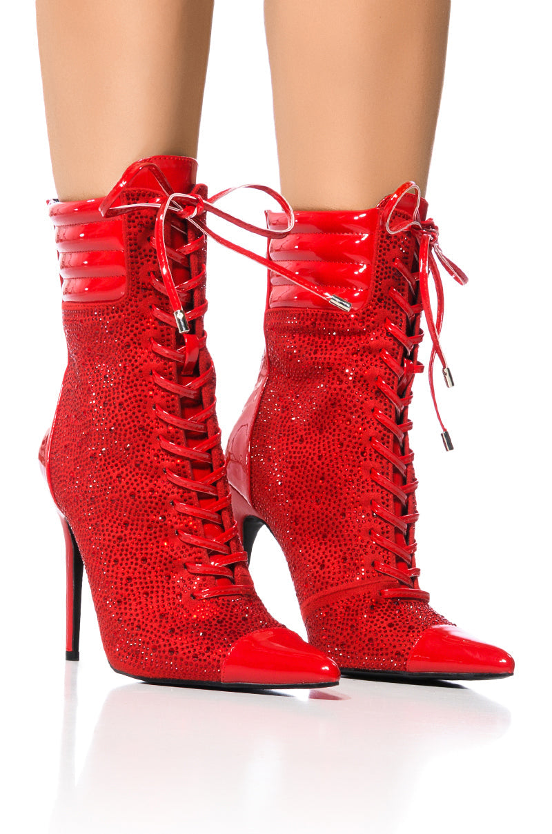 AZALEA WANG FIREFLAME EMBELLISHED BOOTIE IN RED