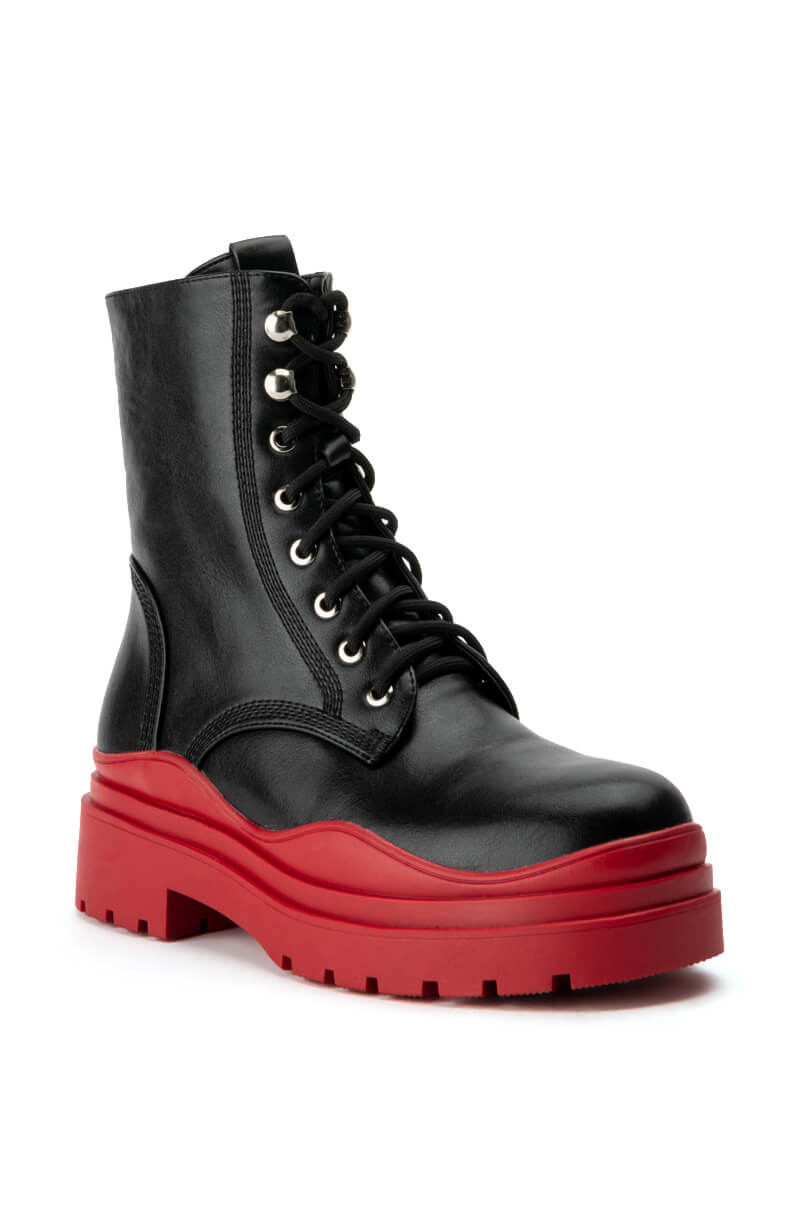 AZALEA WANG LUST LACE UP FLATFORM BOOTIE IN RED