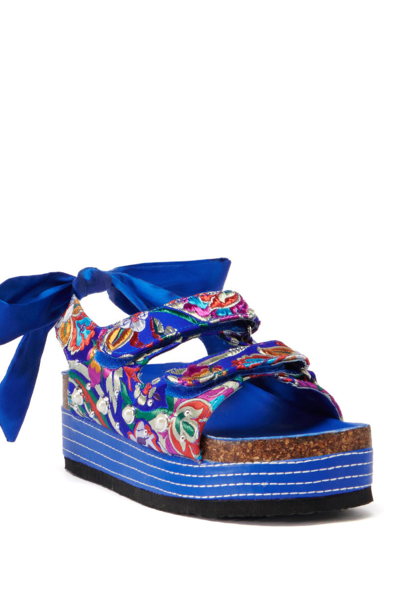 AZALEA WANG MACKLEY BROCADE IN BLUE FLATFORM SANDAL
