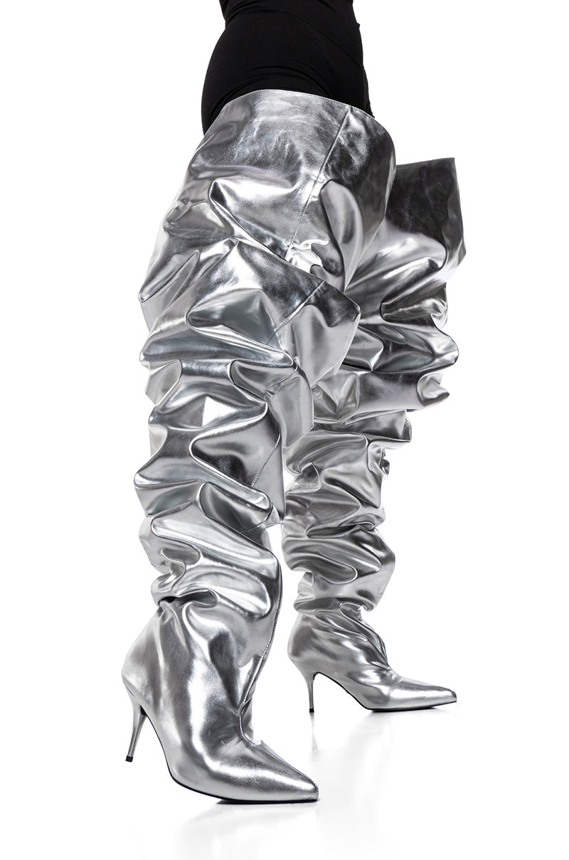 AZALEA WANG NEMY SILVER KITTEN HEEL THIGH HIGH BOOT