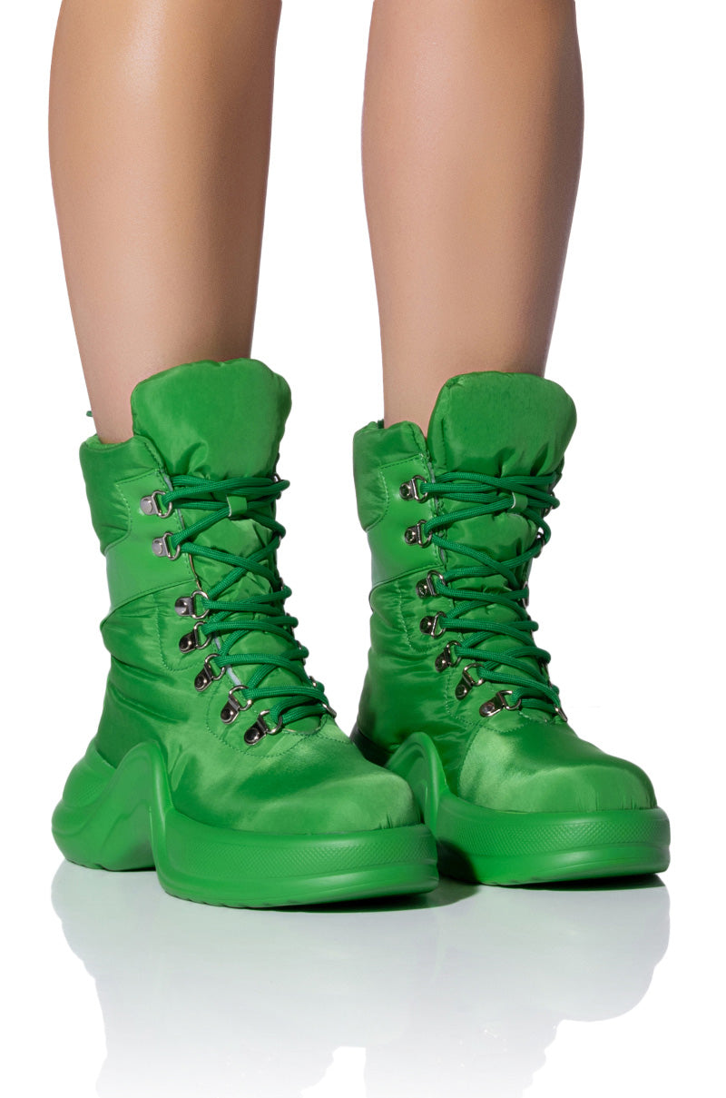 AZALEA WANG SKYLAR EDGY LACE UP BOOTIE IN GREEN