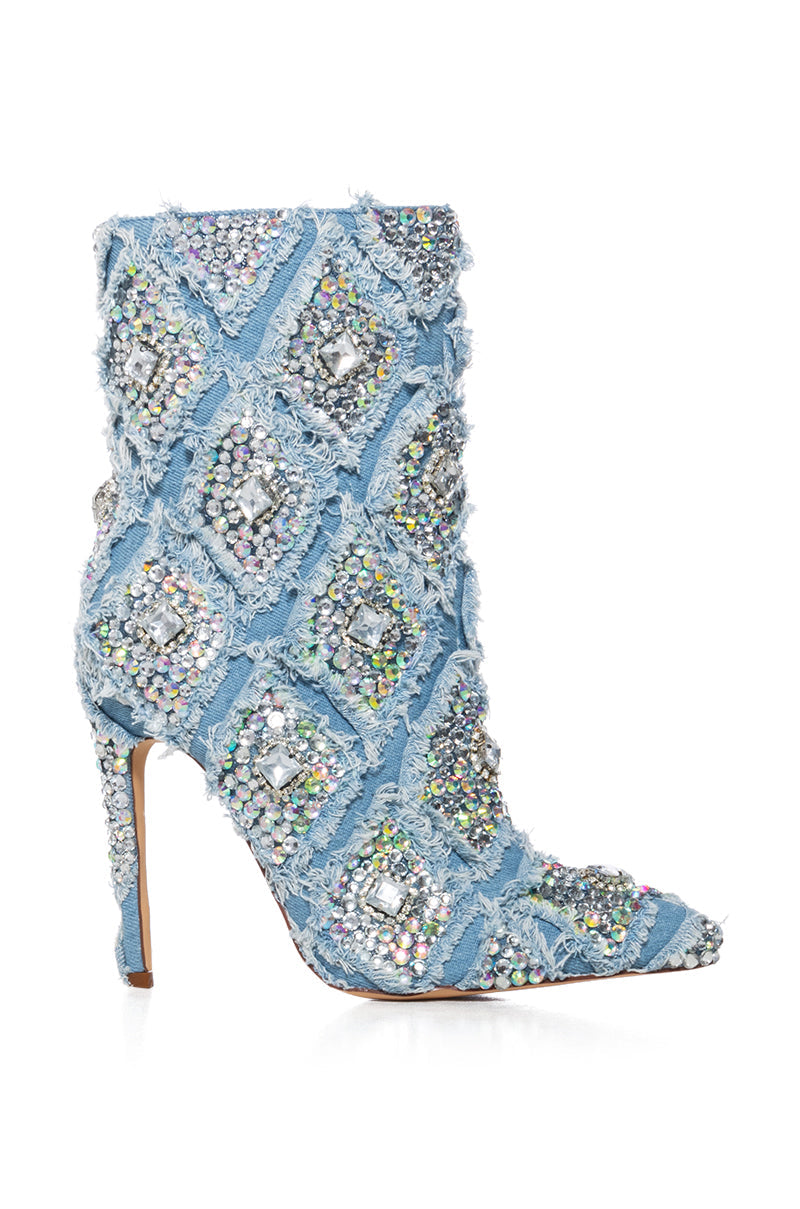 AZALEA WANG YOSHA DENIM EMBELLISHED BOOTIE