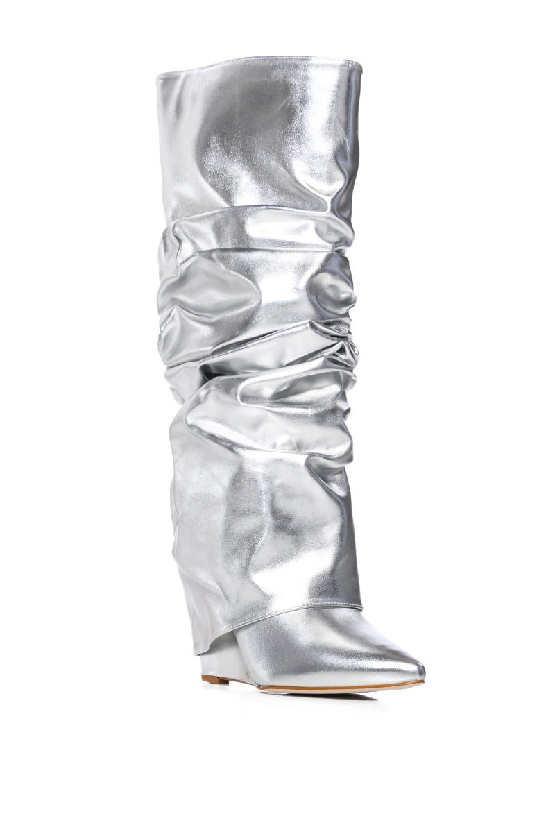AZALEA WANG ZUMMA METALLIC RUCHED WEDGE BOOT IN SILVER