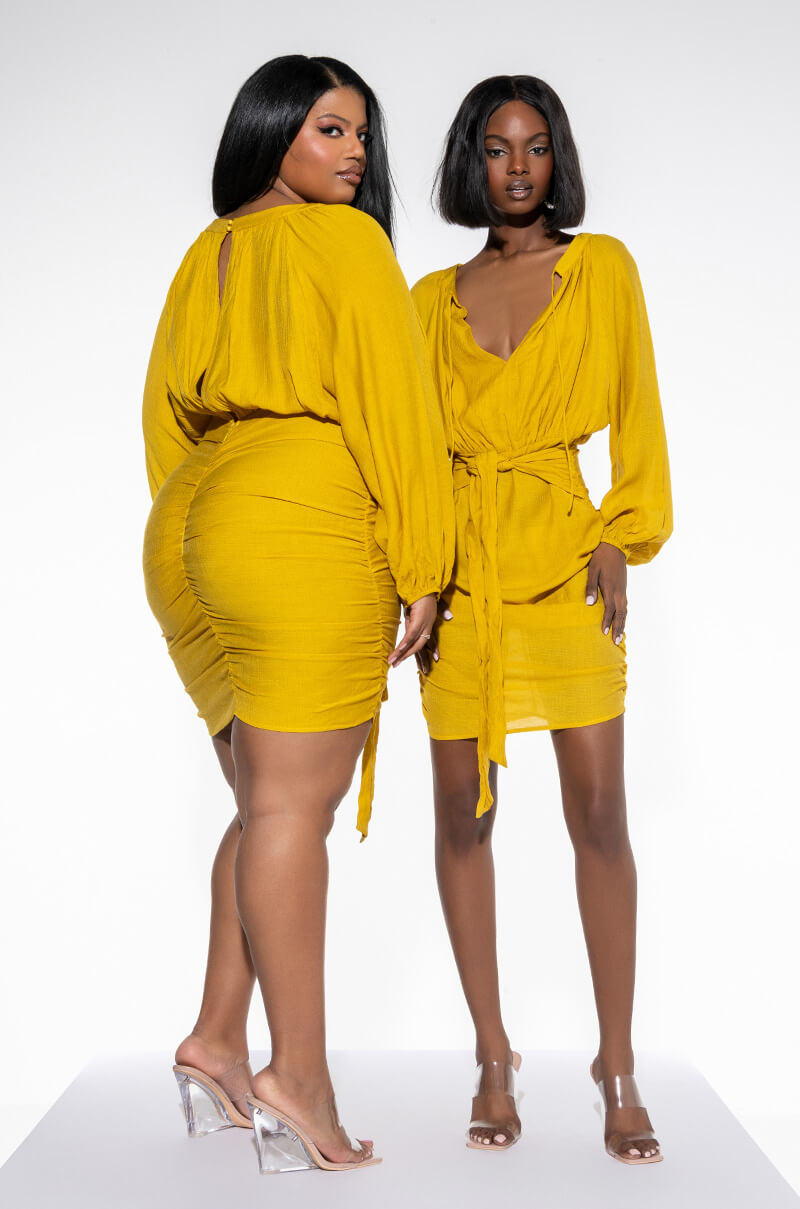 BOHO VIBES RUCHED MINI DRESS