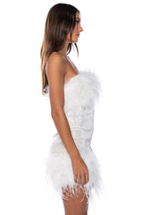 BON ANNIVERSAIRE FEATHER TRIM SEQUIN MINI DRESS