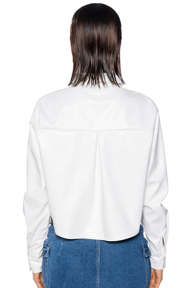 CLEAR LOVE FAUX LEATHER DENIM DETAIL BUTTON DOWN TOP