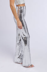 DISCO FEVER SEQUIN EMBELLISHED HIGH WAIST FLARE PANT IN SILVER