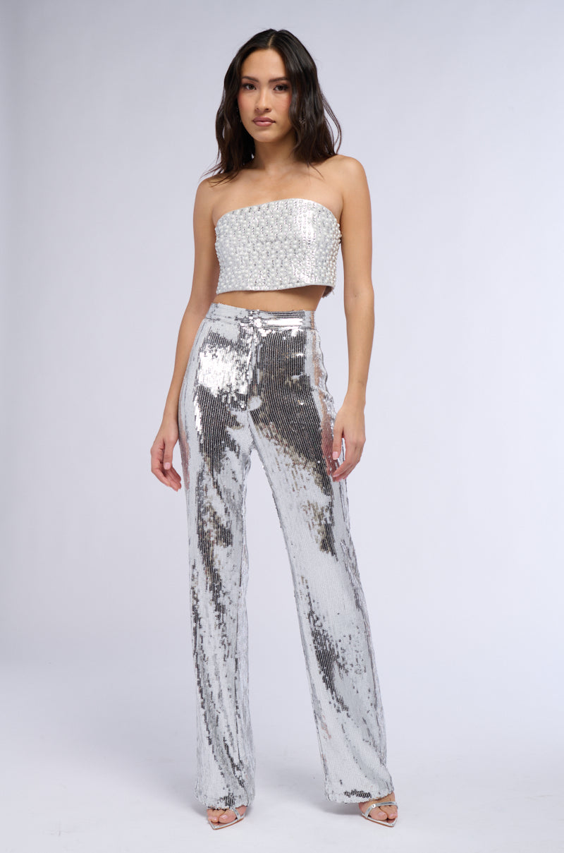 DISCO FEVER SEQUIN EMBELLISHED HIGH WAIST FLARE PANT IN SILVER