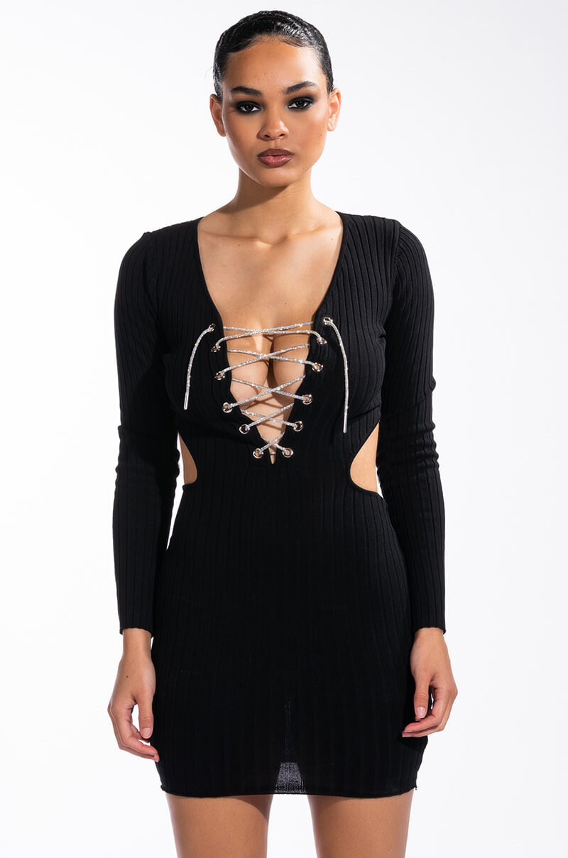 DOING MY THANG RHINESTONE LACE UP FRONT MINI DRESS