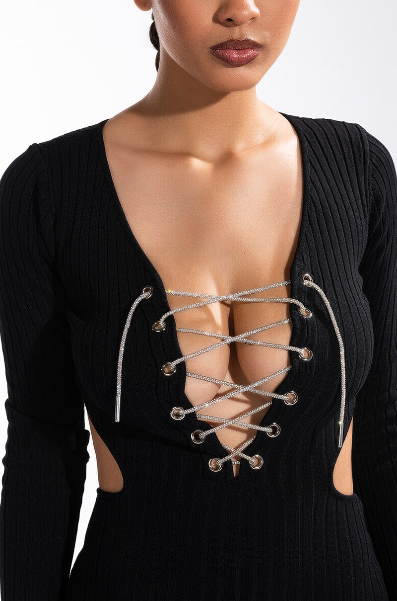 DOING MY THANG RHINESTONE LACE UP FRONT MINI DRESS