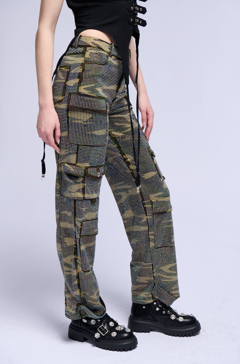 DOWN AND DIRTY CAMO WIDE LEG RHINESTONE CARGO PANT
