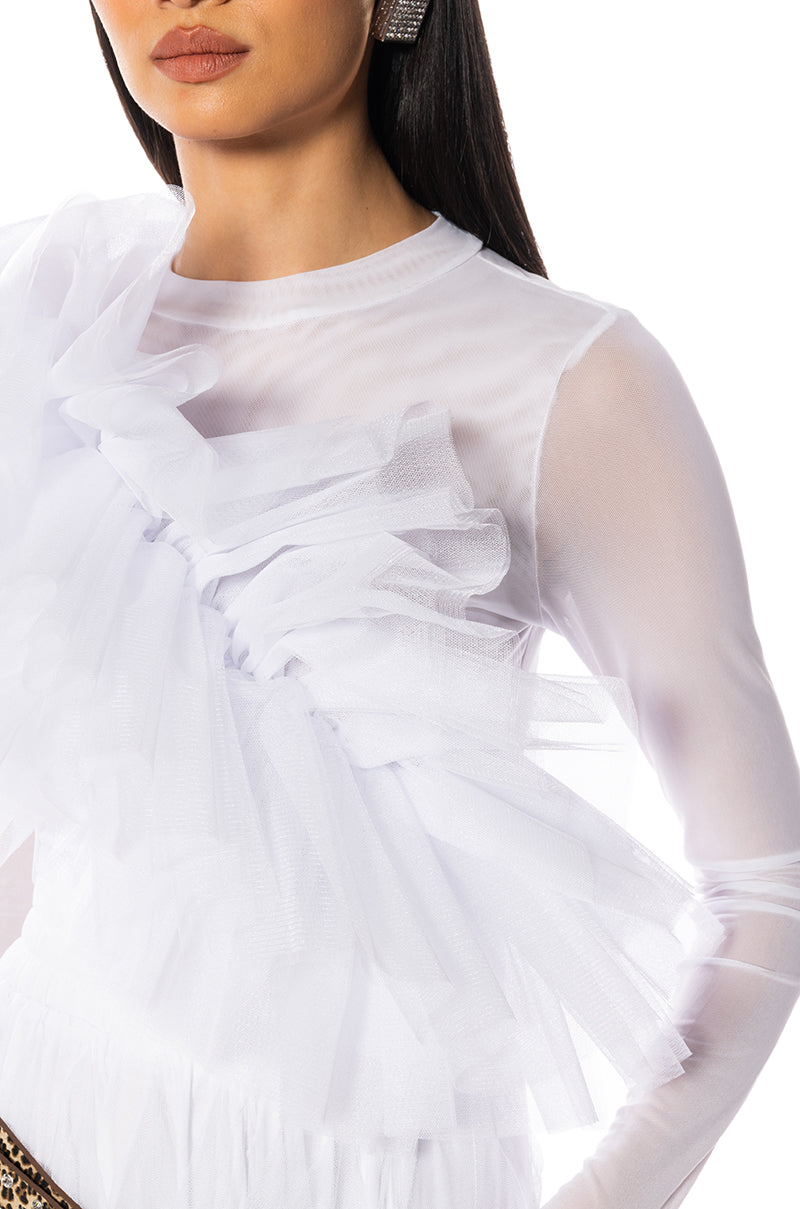 DRAMATIC RUFFLE DETAIL MESH LONG SLEEVE TOP