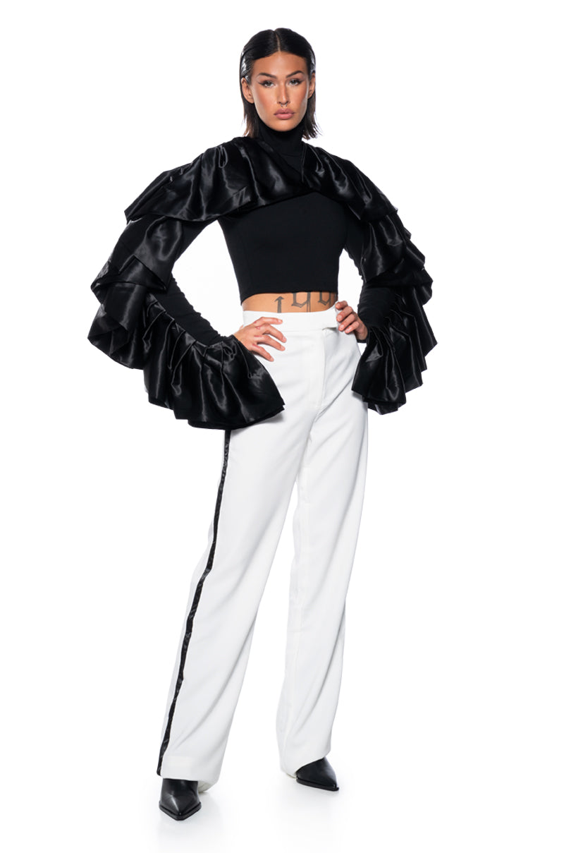 DRAMATIC RUFFLE SLEEVE MOCK NECK TOP