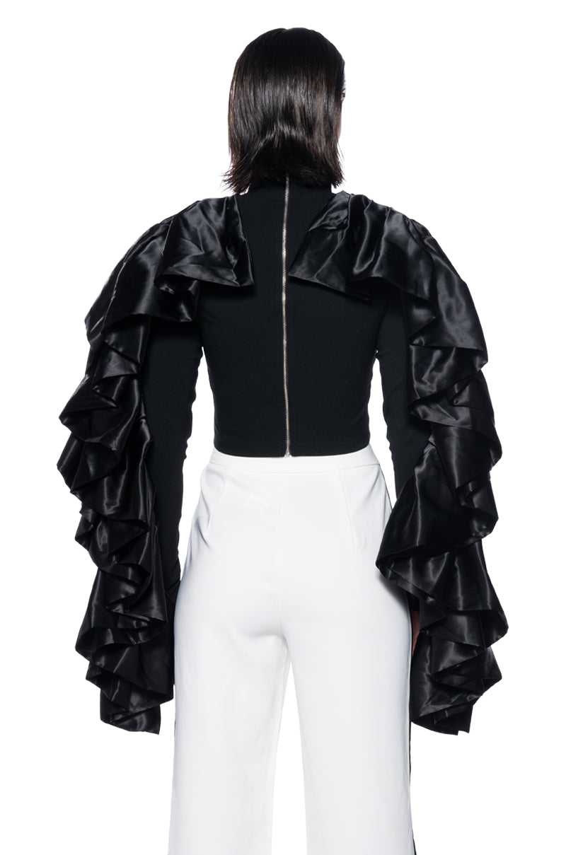 DRAMATIC RUFFLE SLEEVE MOCK NECK TOP